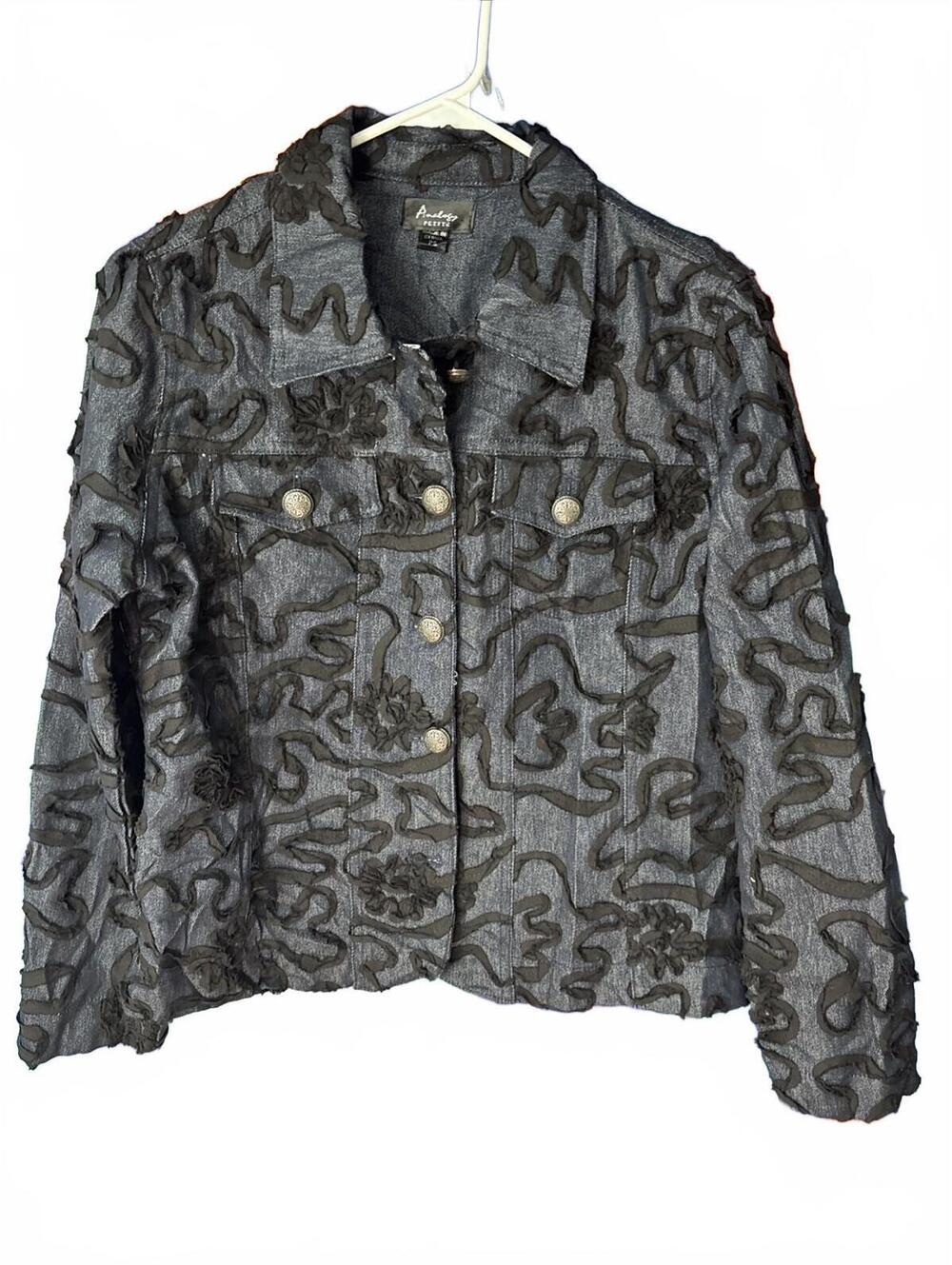 Analogy Petite PS Denim Jacket with Black Applique Design